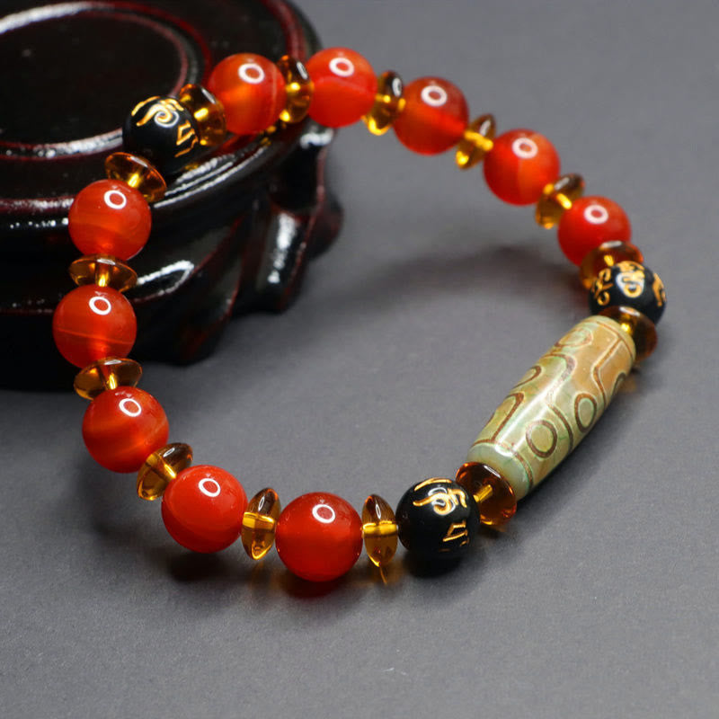 Wear FengShui Red Agate Nine-eye Dzi Bead Six True Words Calm Bracelet