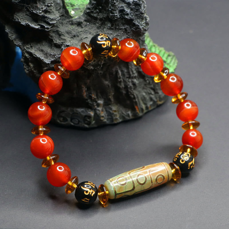 Wear FengShui Red Agate Nine-eye Dzi Bead Six True Words Calm Bracelet