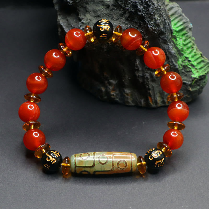 Wear FengShui Red Agate Nine-eye Dzi Bead Six True Words Calm Bracelet