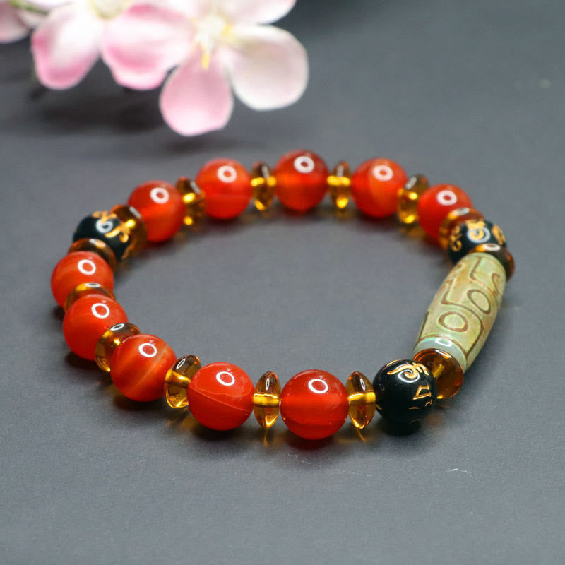 Wear FengShui Red Agate Nine-eye Dzi Bead Six True Words Calm Bracelet