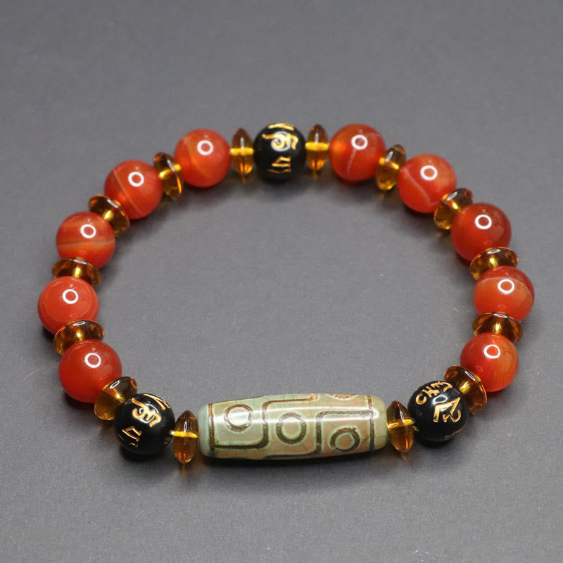 Wear FengShui Red Agate Nine-eye Dzi Bead Six True Words Calm Bracelet