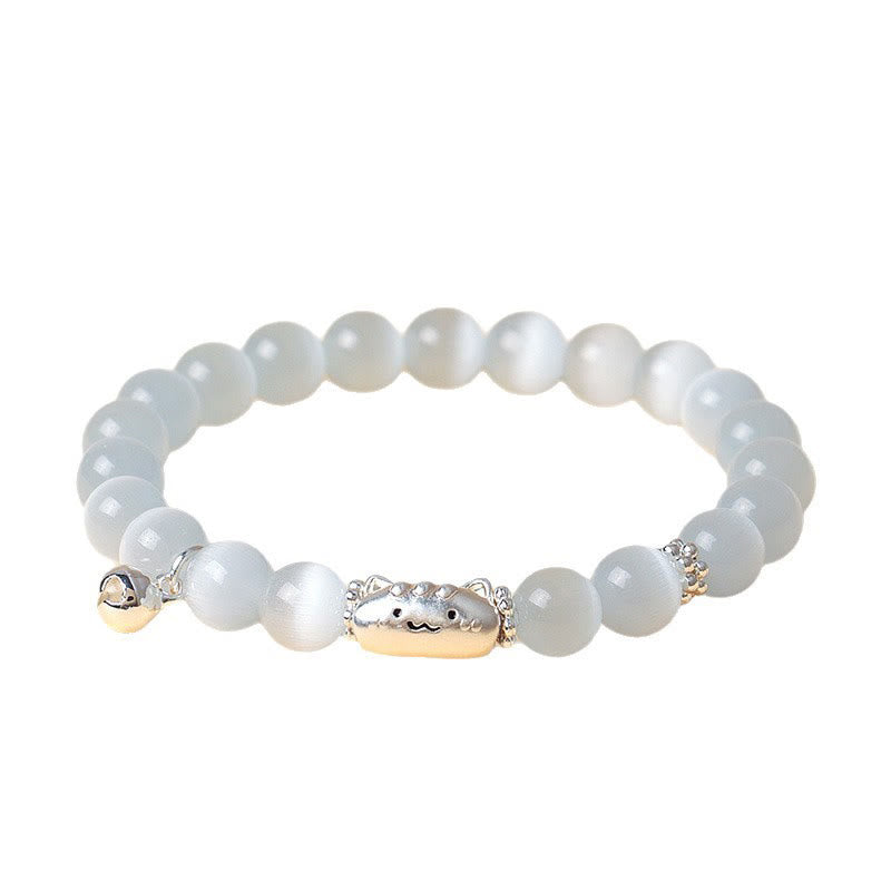 Wear FengShui 999 Sterling Silver Natural Cat Head White Cat's Eye White Agate Positive Bracelet
