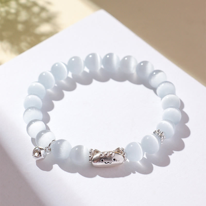Wear FengShui 999 Sterling Silver Natural Cat Head White Cat's Eye White Agate Positive Bracelet