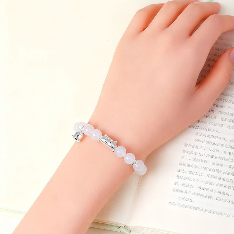 Wear FengShui 999 Sterling Silver Natural Cat Head White Cat's Eye White Agate Positive Bracelet