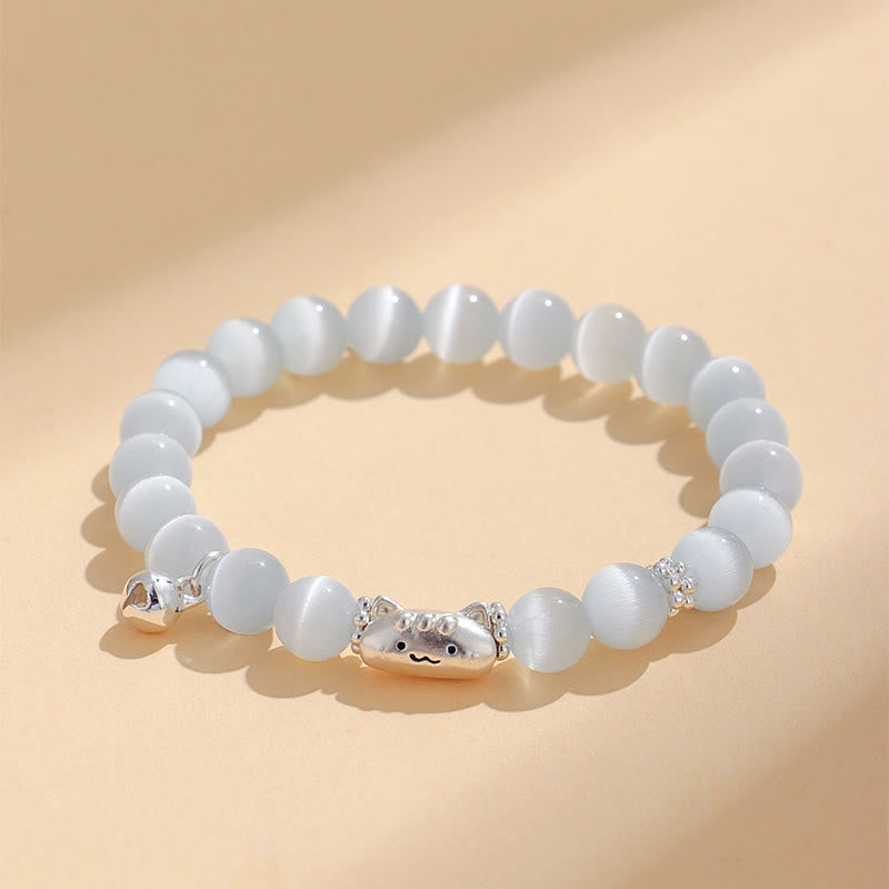 Wear FengShui 999 Sterling Silver Natural Cat Head White Cat's Eye White Agate Positive Bracelet