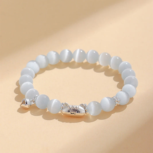 Wear FengShui 999 Sterling Silver Natural Cat Head White Cat's Eye White Agate Positive Bracelet