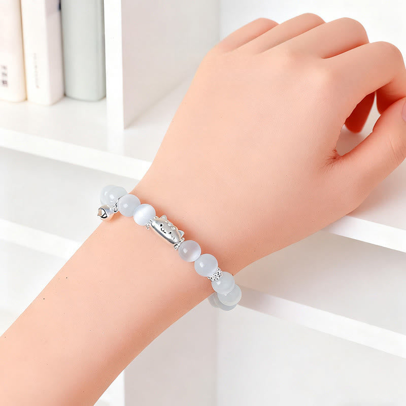 Wear FengShui 999 Sterling Silver Natural Cat Head White Cat's Eye White Agate Positive Bracelet