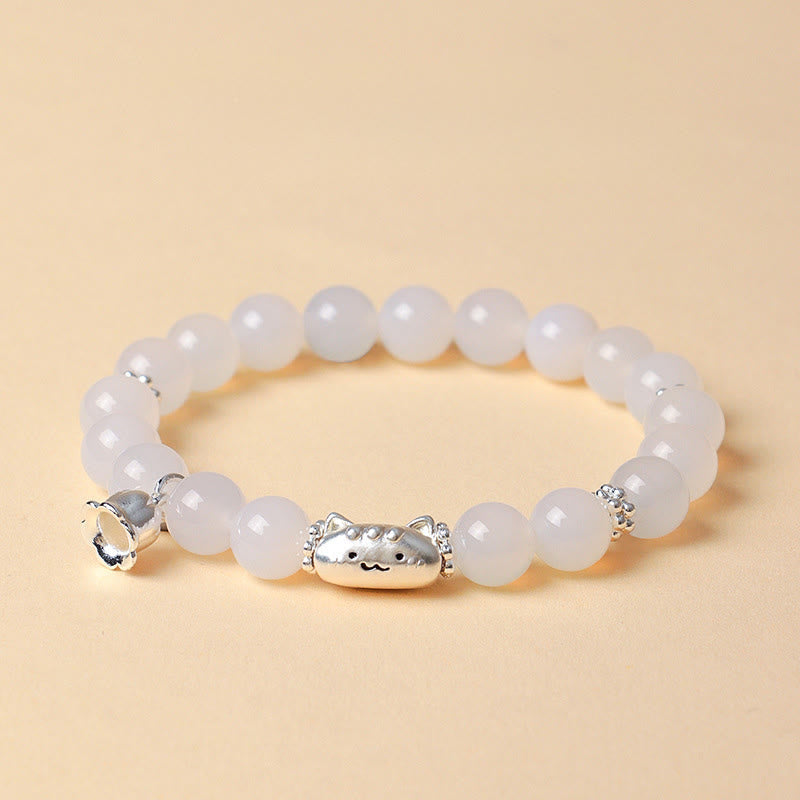 Wear FengShui 999 Sterling Silver Natural Cat Head White Cat's Eye White Agate Positive Bracelet