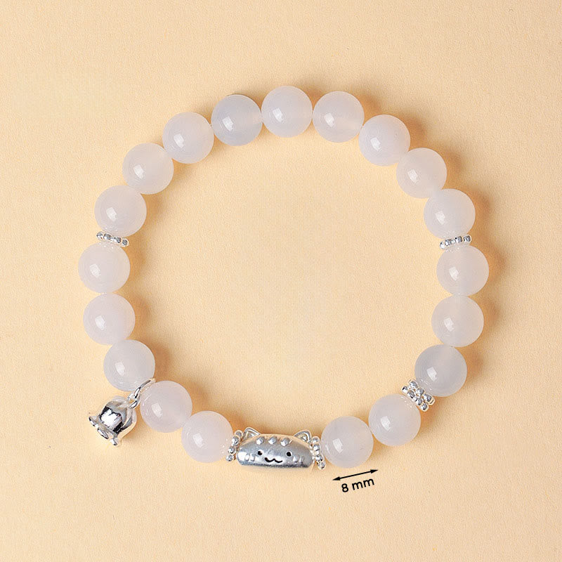 Wear FengShui 999 Sterling Silver Natural Cat Head White Cat's Eye White Agate Positive Bracelet