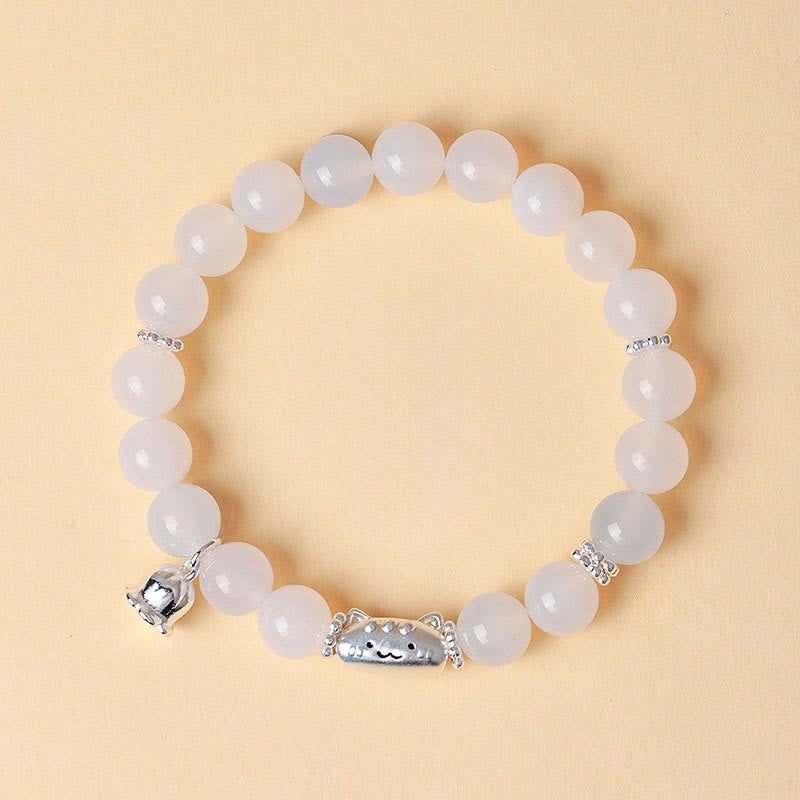 Wear FengShui 999 Sterling Silver Natural Cat Head White Cat's Eye White Agate Positive Bracelet