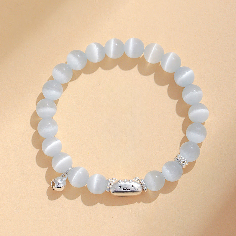 Wear FengShui 999 Sterling Silver Natural Cat Head White Cat's Eye White Agate Positive Bracelet