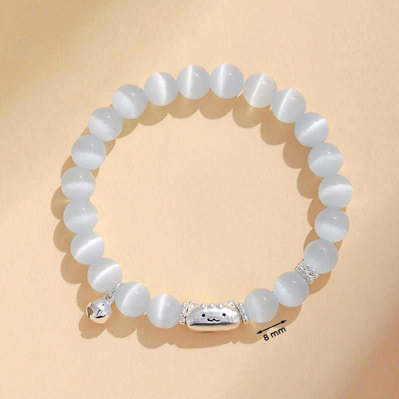 Wear FengShui 999 Sterling Silver Natural Cat Head White Cat's Eye White Agate Positive Bracelet