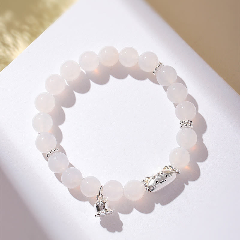 Wear FengShui 999 Sterling Silver Natural Cat Head White Cat's Eye White Agate Positive Bracelet
