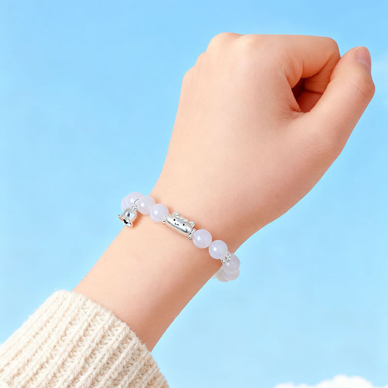 Wear FengShui 999 Sterling Silver Natural Cat Head White Cat's Eye White Agate Positive Bracelet