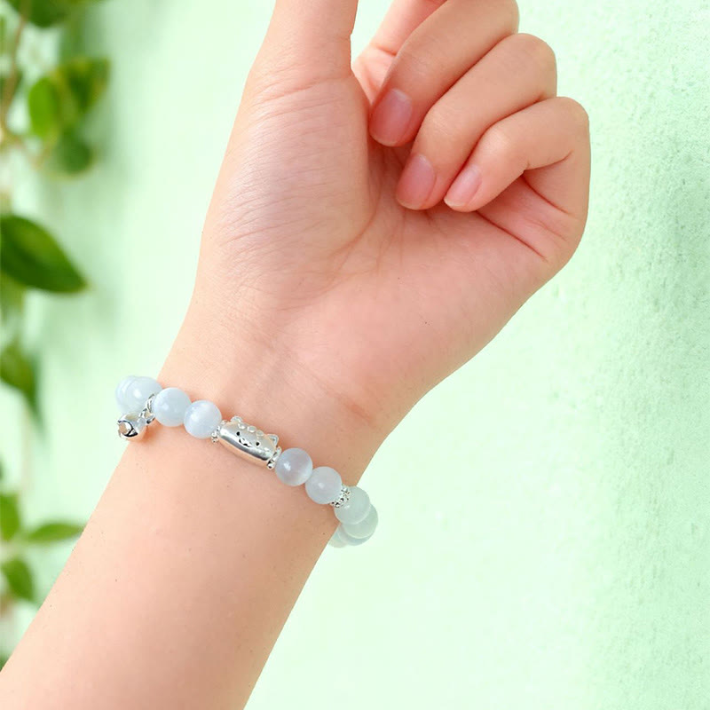 Wear FengShui 999 Sterling Silver Natural Cat Head White Cat's Eye White Agate Positive Bracelet