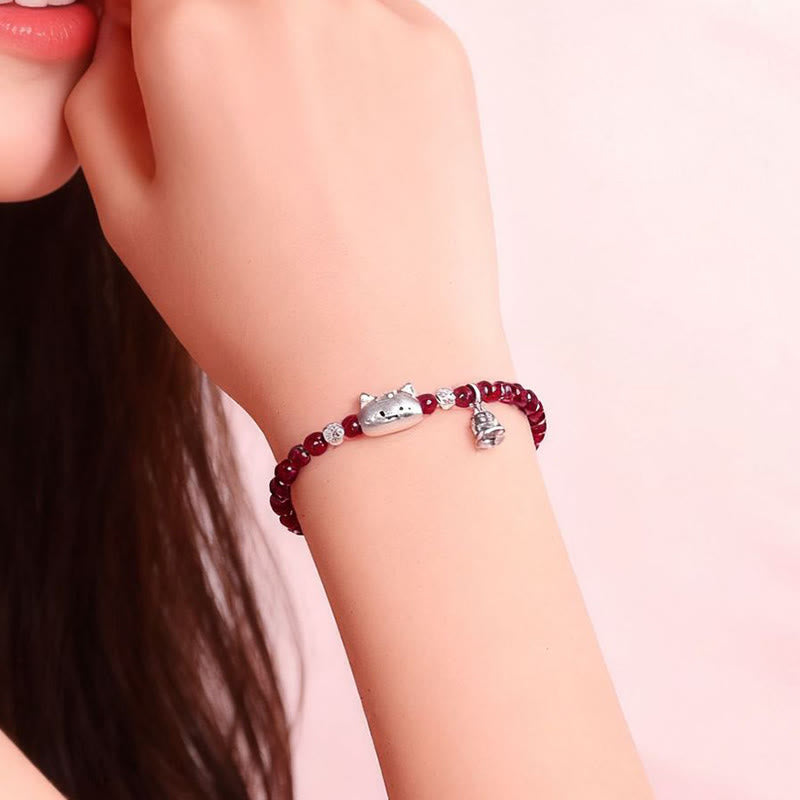 Wear FengShui 999 Sterling Silver Natural Cute Cat Head Garnet Protection Bead Bracelet