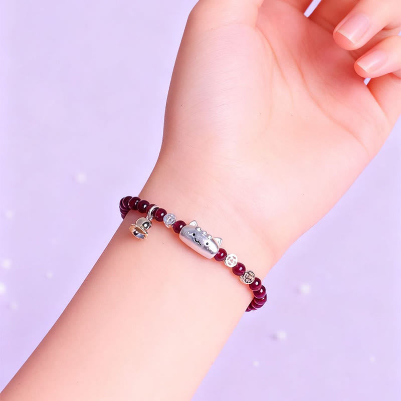 Wear FengShui 999 Sterling Silver Natural Cute Cat Head Garnet Protection Bead Bracelet