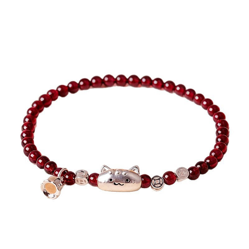 Wear FengShui 999 Sterling Silver Natural Cute Cat Head Garnet Protection Bead Bracelet