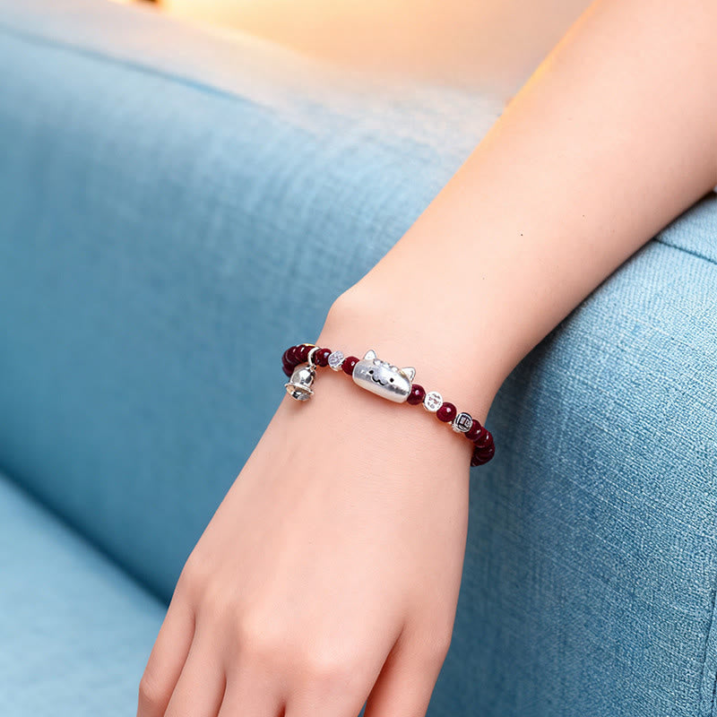 Wear FengShui 999 Sterling Silver Natural Cute Cat Head Garnet Protection Bead Bracelet