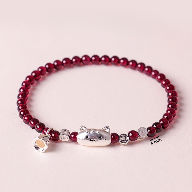 Wear FengShui 999 Sterling Silver Natural Cute Cat Head Garnet Protection Bead Bracelet