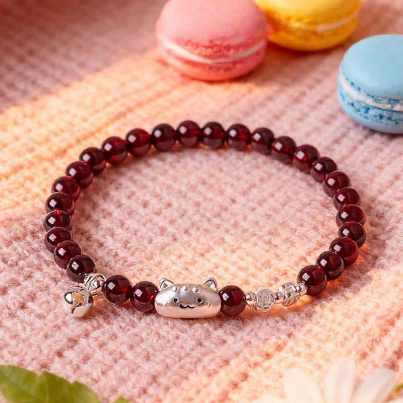 Wear FengShui 999 Sterling Silver Natural Cute Cat Head Garnet Protection Bead Bracelet