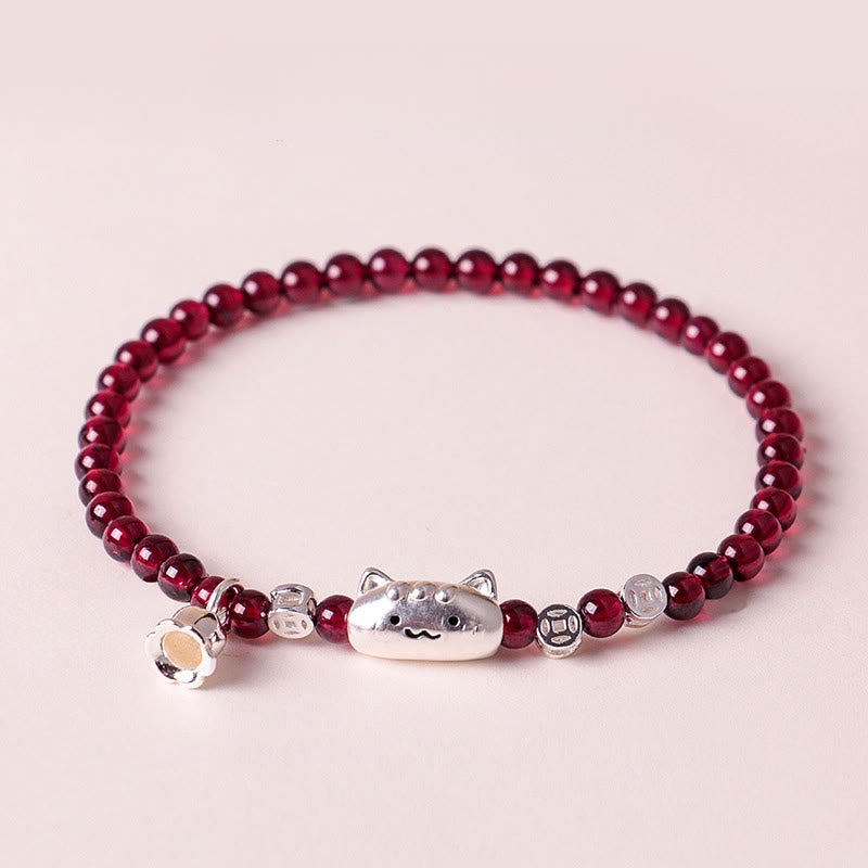 Wear FengShui 999 Sterling Silver Natural Cute Cat Head Garnet Protection Bead Bracelet