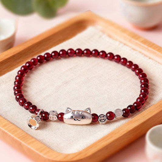 Wear FengShui 999 Sterling Silver Natural Cute Cat Head Garnet Protection Bead Bracelet