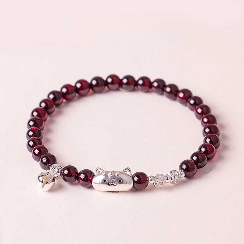 Wear FengShui 999 Sterling Silver Natural Cute Cat Head Garnet Protection Bead Bracelet