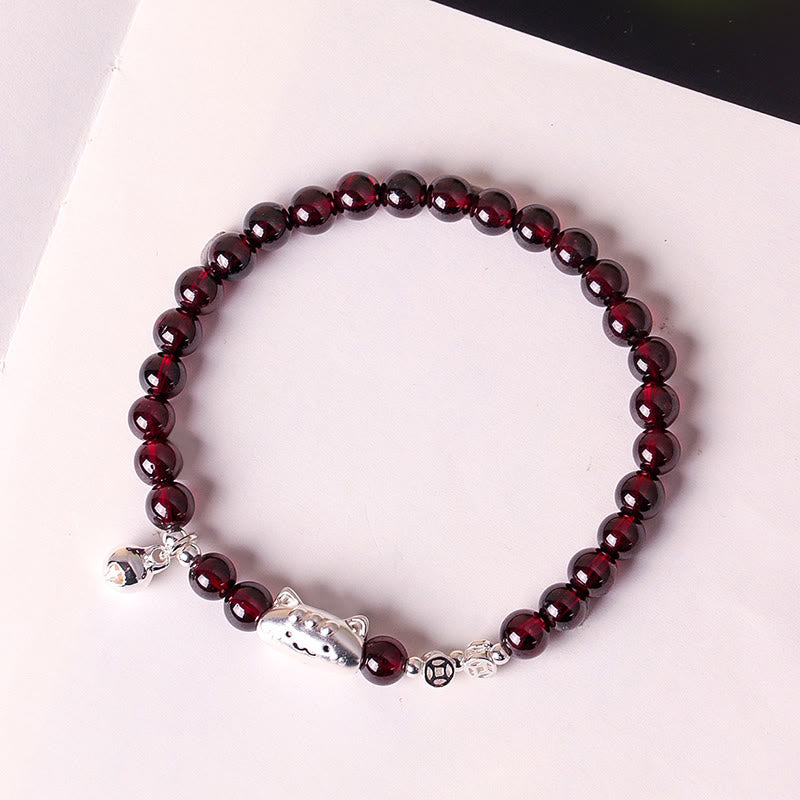 Wear FengShui 999 Sterling Silver Natural Cute Cat Head Garnet Protection Bead Bracelet