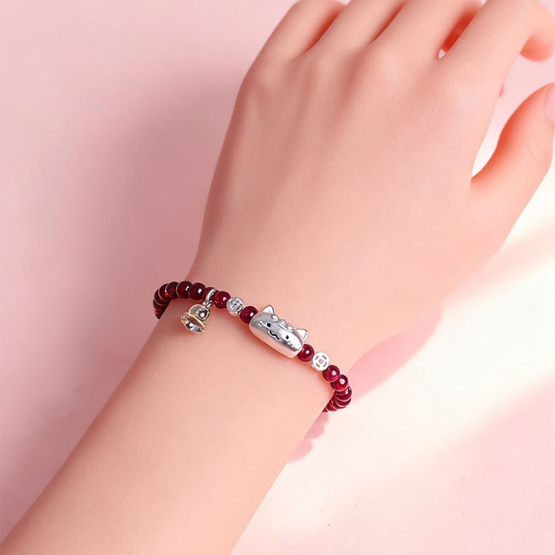 Wear FengShui 999 Sterling Silver Natural Cute Cat Head Garnet Protection Bead Bracelet