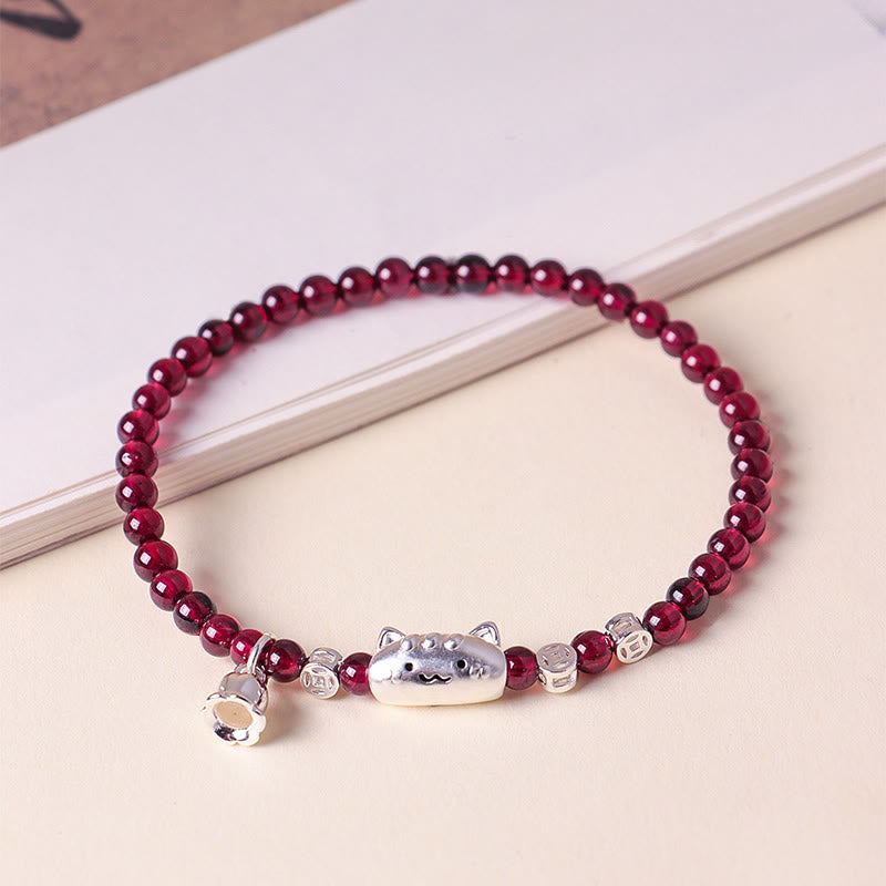 Wear FengShui 999 Sterling Silver Natural Cute Cat Head Garnet Protection Bead Bracelet