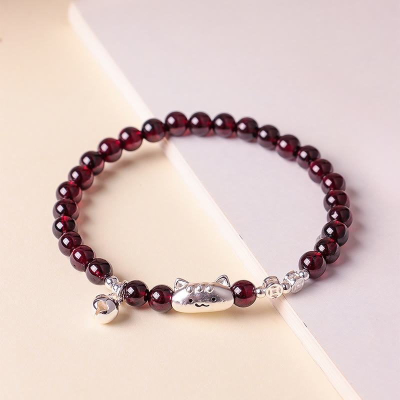 Wear FengShui 999 Sterling Silver Natural Cute Cat Head Garnet Protection Bead Bracelet