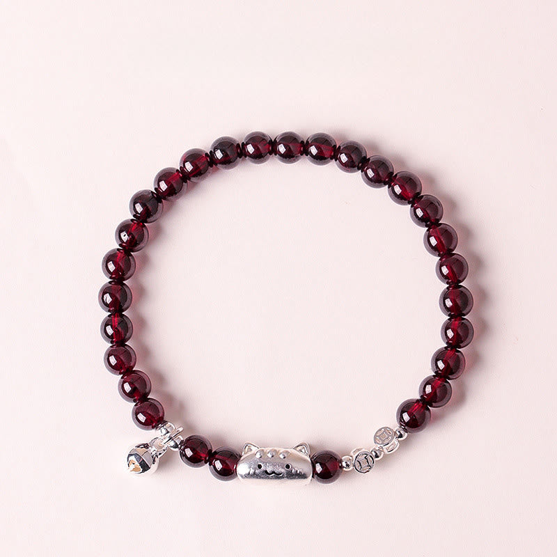 Wear FengShui 999 Sterling Silver Natural Cute Cat Head Garnet Protection Bead Bracelet