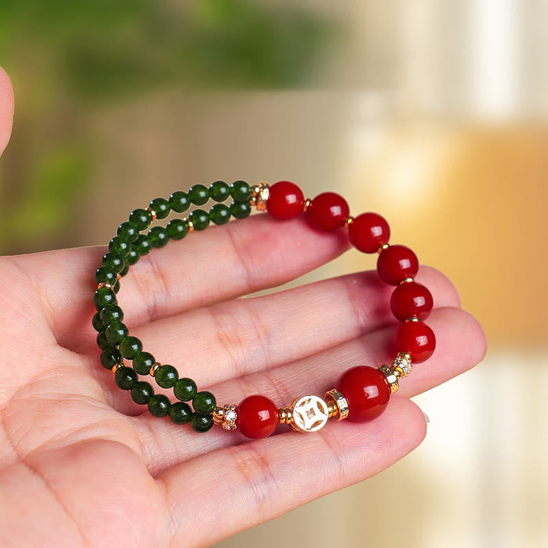 Wear FengShui Natural Red Agate Double Wrap Design Green Chalcedony Calm Bracelet