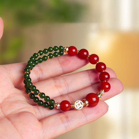 Wear FengShui Natural Red Agate Double Wrap Design Green Chalcedony Calm Bracelet