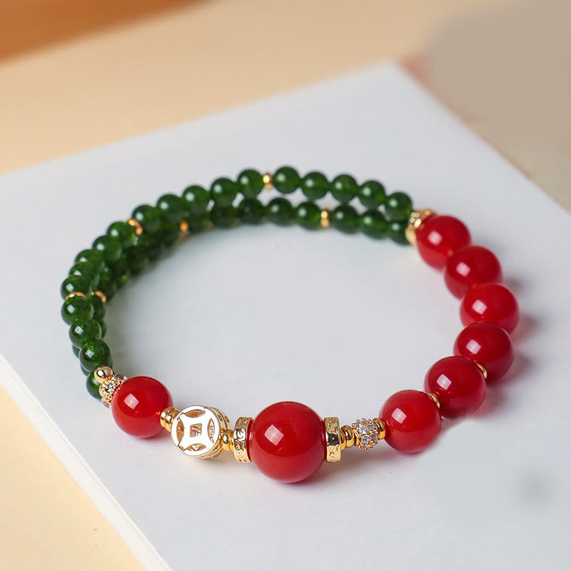 Wear FengShui Natural Red Agate Double Wrap Design Green Chalcedony Calm Bracelet
