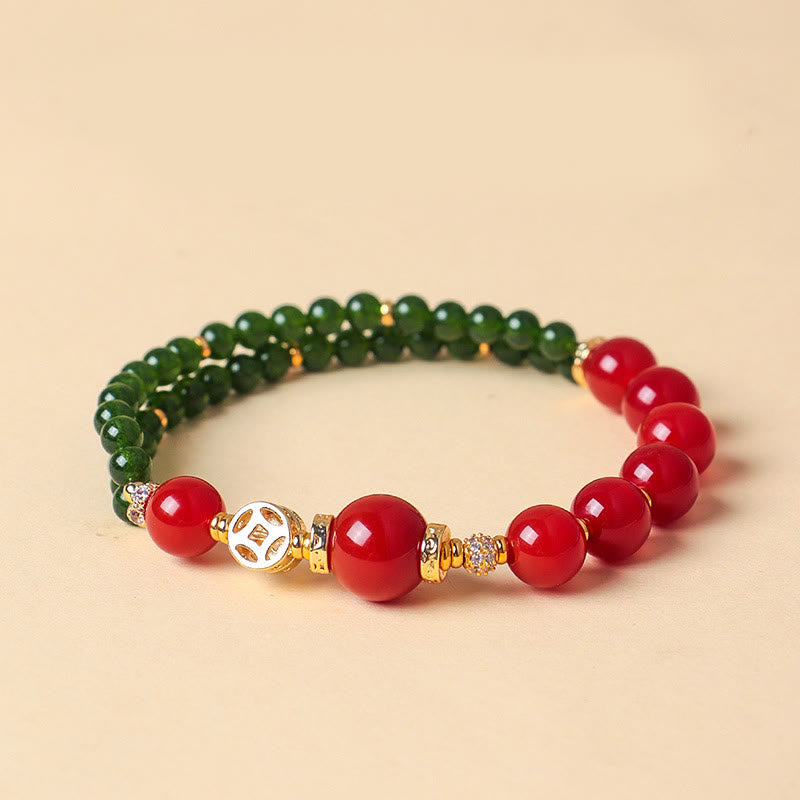 Wear FengShui Natural Red Agate Double Wrap Design Green Chalcedony Calm Bracelet