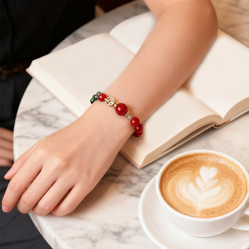 Wear FengShui Natural Red Agate Double Wrap Design Green Chalcedony Calm Bracelet