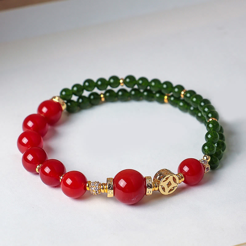 Wear FengShui Natural Red Agate Double Wrap Design Green Chalcedony Calm Bracelet