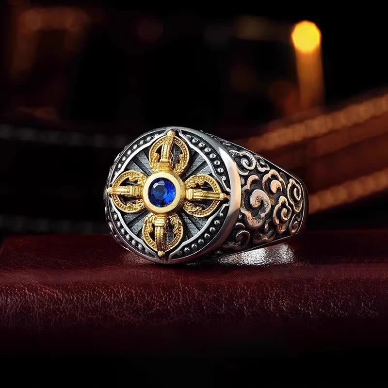 Wear FengShui Tibetan Cross Design Vajra Auspicious Clouds Pattern Copper Adjustable Balance Ring