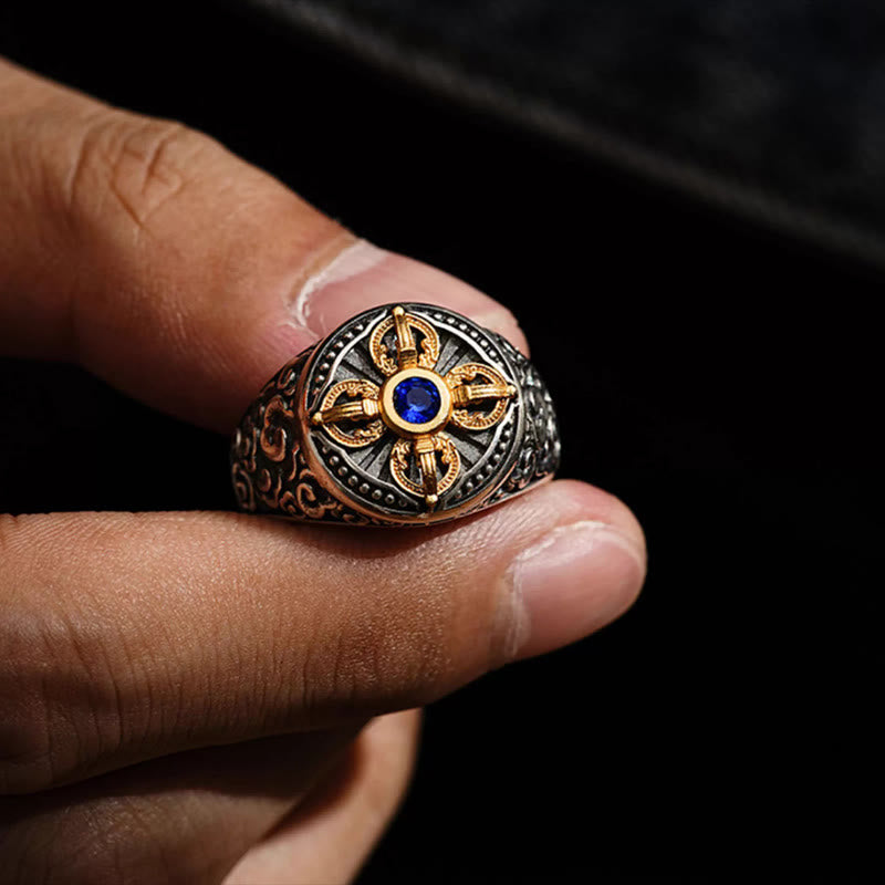 Wear FengShui Tibetan Cross Design Vajra Auspicious Clouds Pattern Copper Adjustable Balance Ring
