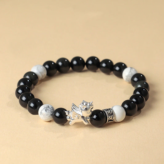 Wear FengShui 999 Sterling Silver Year Of The Horse Natural Black Obsidian Bodhi Seed Strength Bracelet
