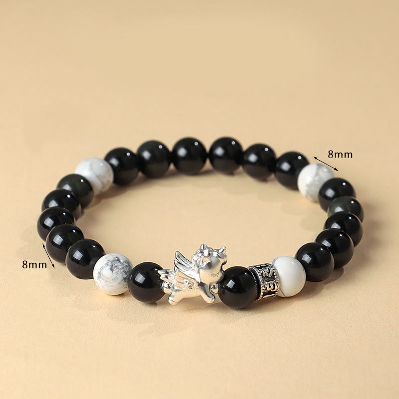 Wear FengShui 999 Sterling Silver Year Of The Horse Natural Black Obsidian Bodhi Seed Strength Bracelet