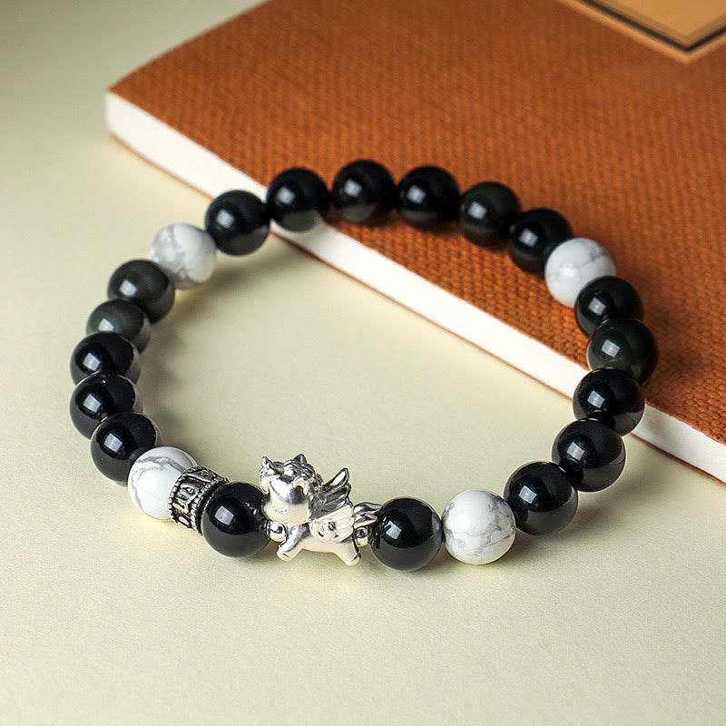 Wear FengShui 999 Sterling Silver Year Of The Horse Natural Black Obsidian Bodhi Seed Strength Bracelet