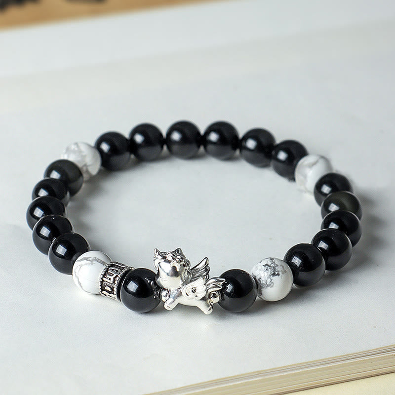 Wear FengShui 999 Sterling Silver Year Of The Horse Natural Black Obsidian Bodhi Seed Strength Bracelet