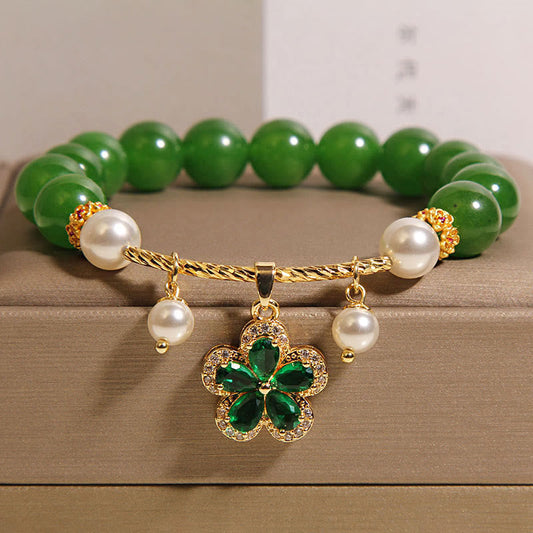Wear FengShui Green Jasper Pearl Flower Balance Bracelet
