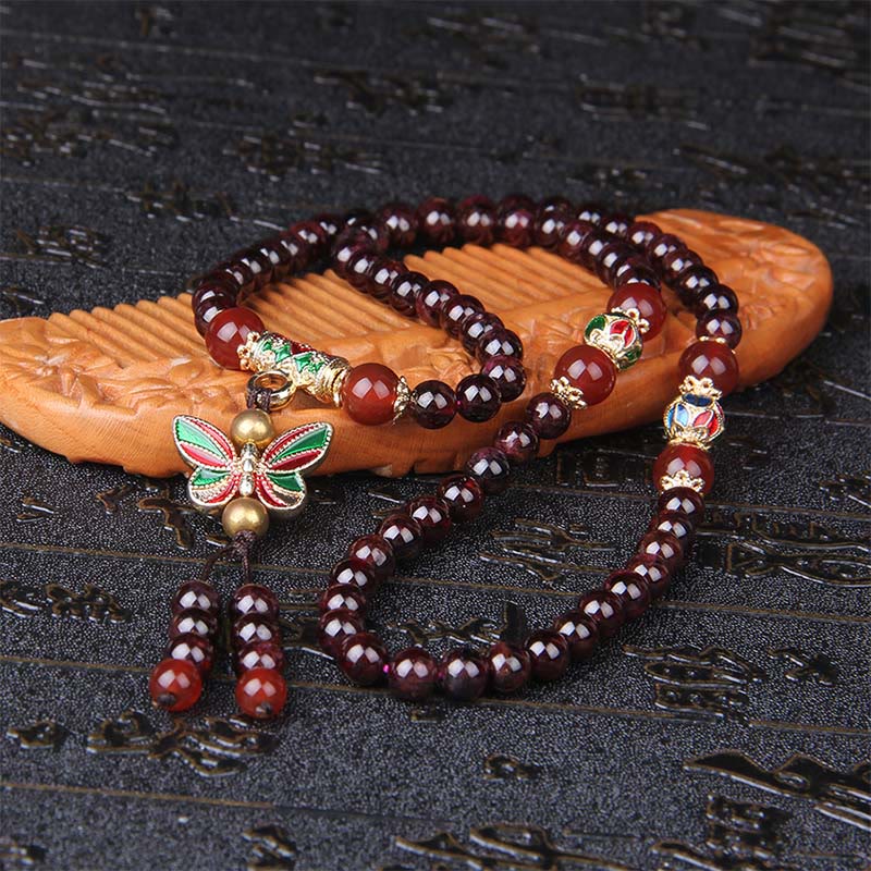 Wear FengShui Natural Garnet Red Agate Colorful Butterfly Purification Calm Multi-layer Bracelet