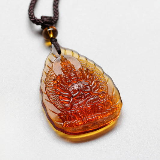Wear FengShui Liuli Crystal Chinese Zodiac Natal Buddha Protection Leaf Shape Necklace Pendant