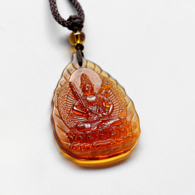 Wear FengShui Liuli Crystal Chinese Zodiac Natal Buddha Protection Leaf Shape Necklace Pendant