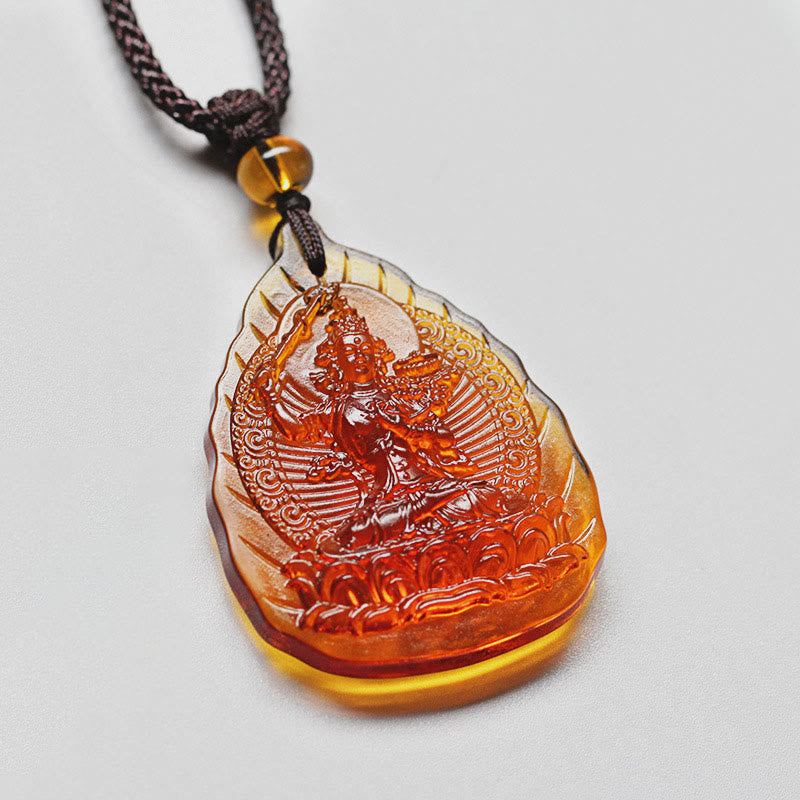 Wear FengShui Liuli Crystal Chinese Zodiac Natal Buddha Protection Leaf Shape Necklace Pendant